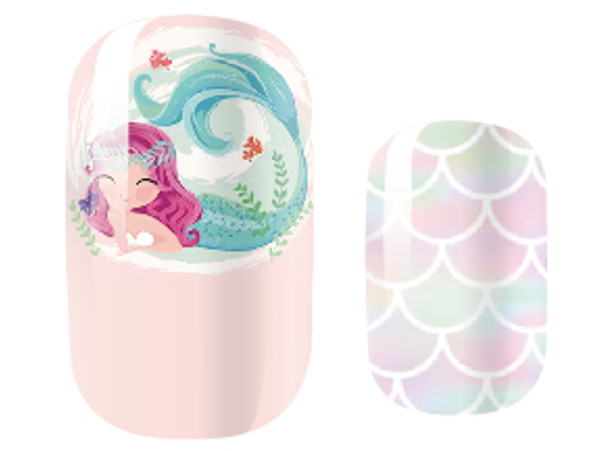 Pink mermaid nail wraps with a cartoon mermaid design and iridescent pastel scale pattern