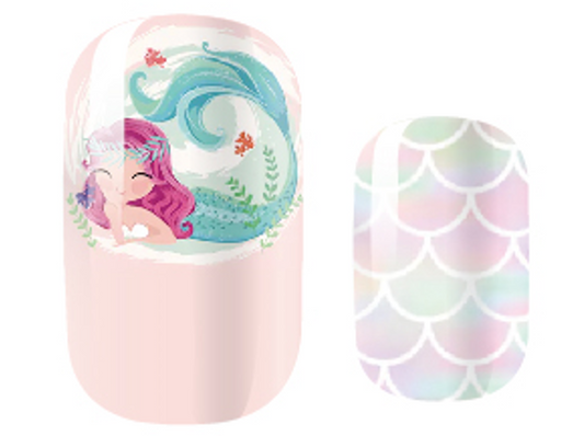 Pink mermaid nail wraps with a cartoon mermaid design and iridescent pastel scale pattern