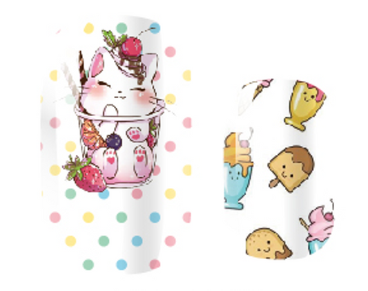 Kawaii cat in dessert cup graphic with strawberries, cherries, and other sweet treats on polka dot background.
